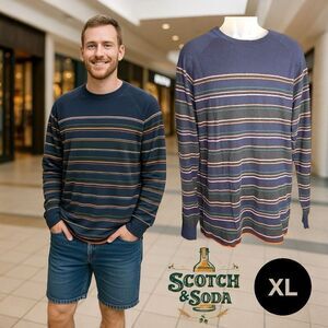 Scotch & Soda Crew Neck Knit Stripe Sweater Cotton Cashmere Men’s XL Navy Blue